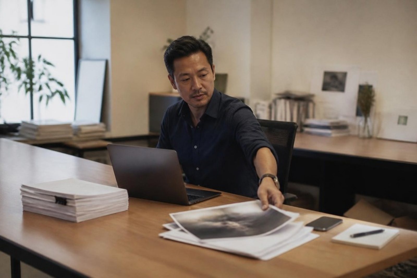 One person at a long desk reaching across four separate clusters of work: a stack of paper, a laptop, printed proofs and a phone.