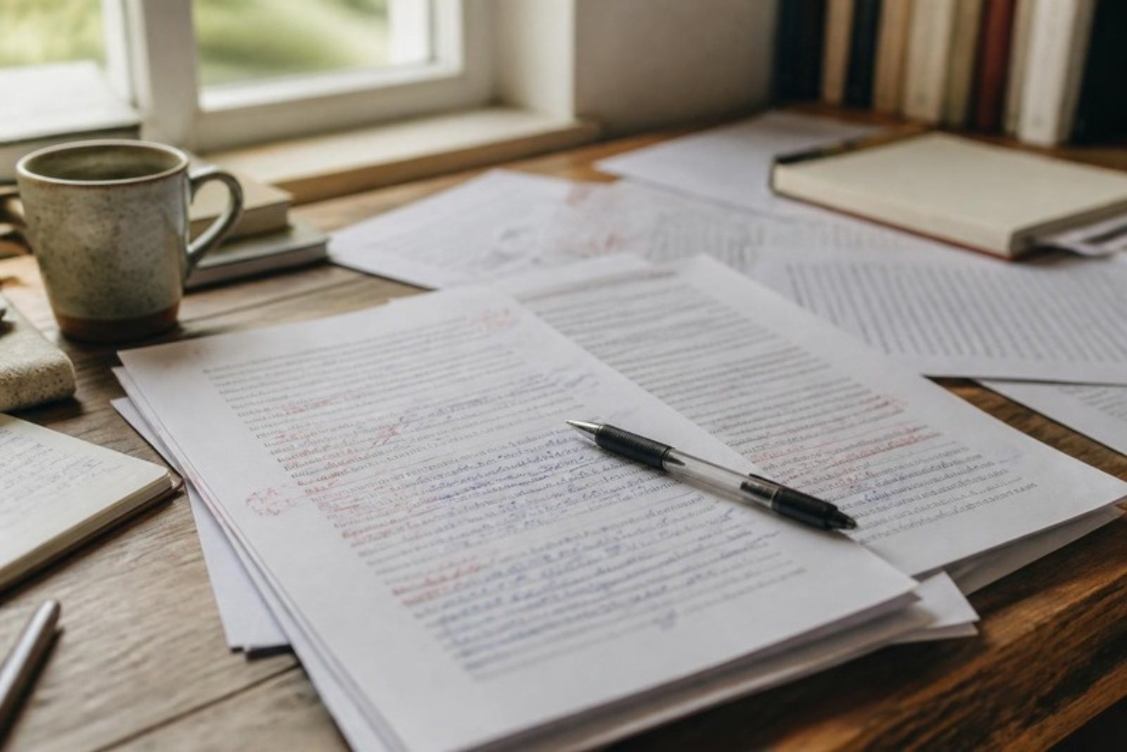 A desk covered in overlapping printed drafts, several corrected by hand, a pen laid across the top sheet.