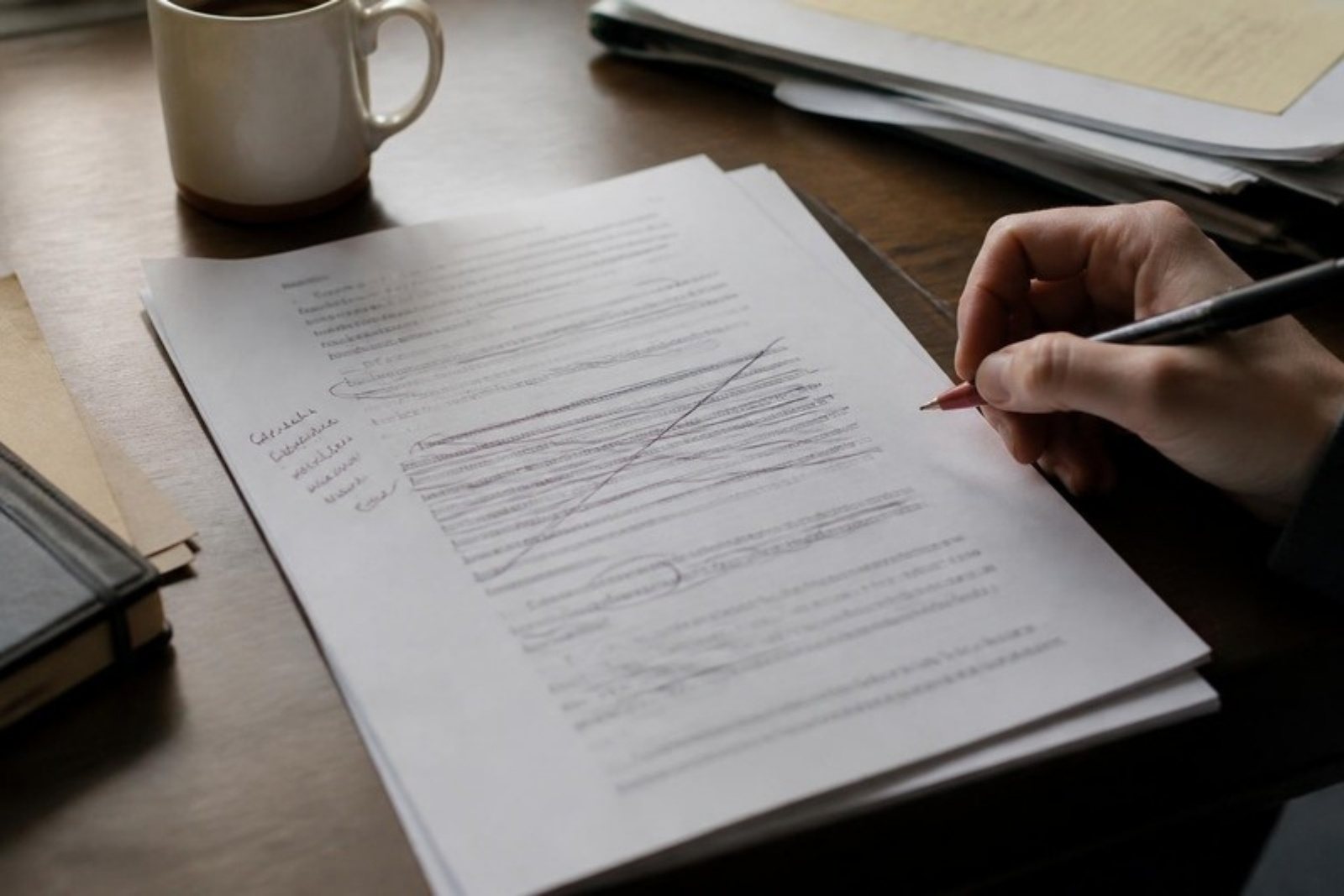 A printed document on a desk that has come back marked up in pen, a hand holding the pen at the edge of the page.