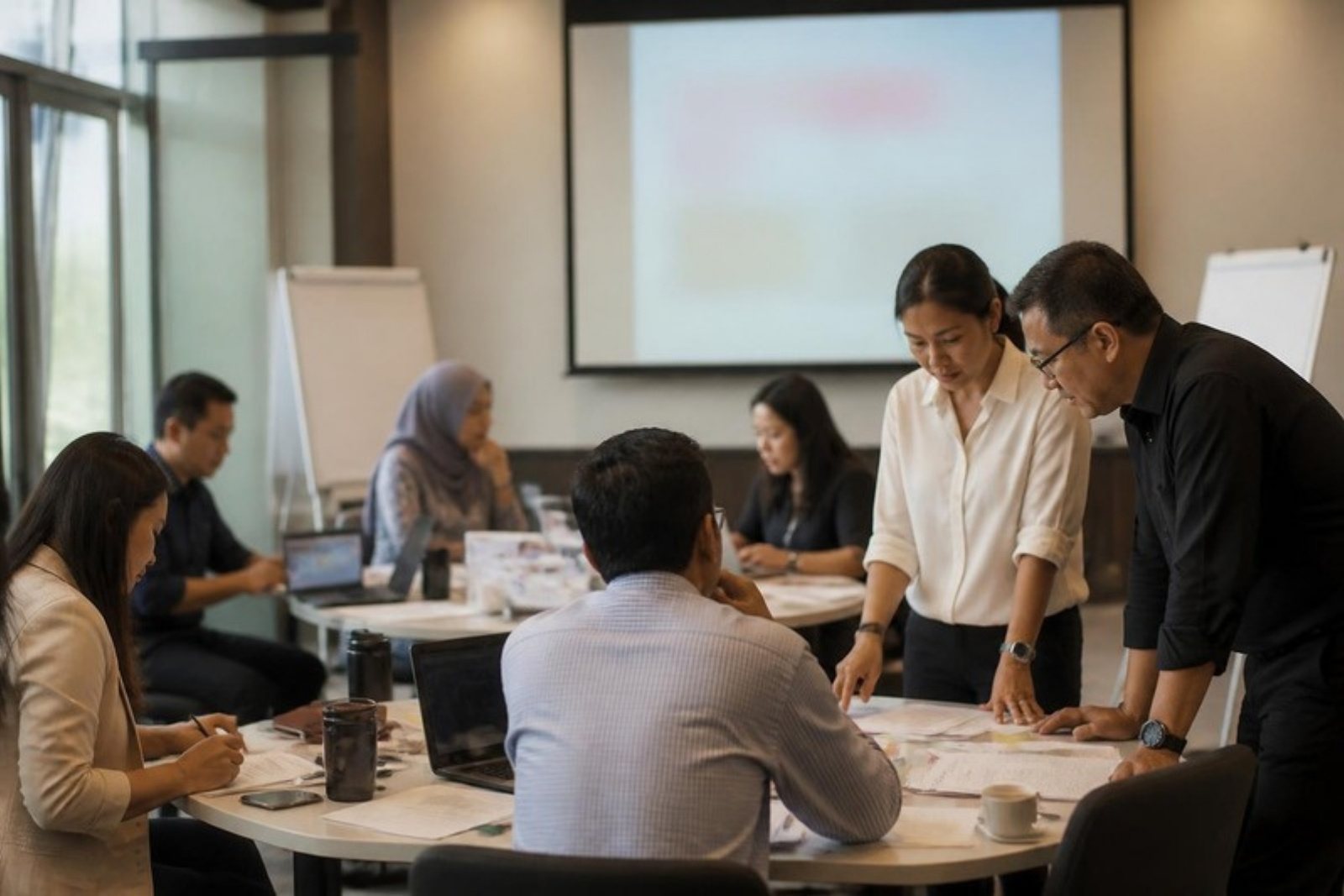 A workshop room part-way through a working session: laptops open, papers spread across tables, two people standing and talking over a table.